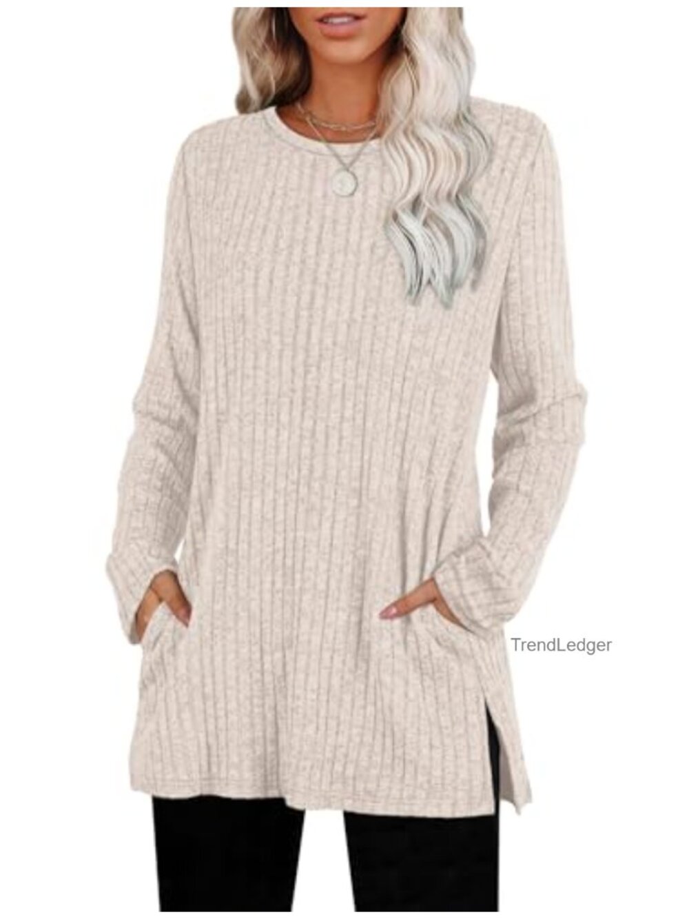 Sampeel Womens Tunic Sweater Crewneck Long Sleeve Side Slit Pockets